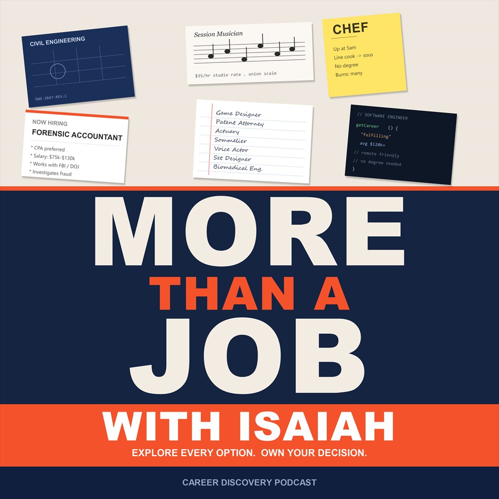 More Than A Job with Isaiah cover art: blueprints, sheet music, a job listing and a handwritten list of careers scattered across a desk, above the show title.